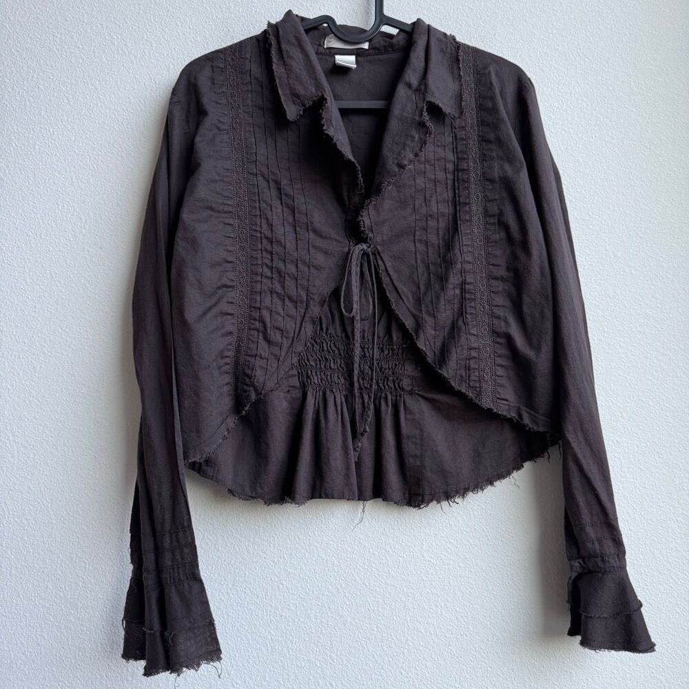 Vintage Y2K Bell Sleeve Ruffle Tie Front Brown 2000’s Blouse Top Size Medium